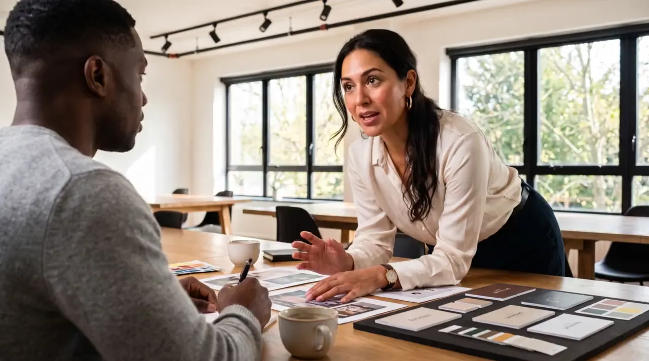 Two colleagues reviewing printed layouts and colour swatches across a studio table
