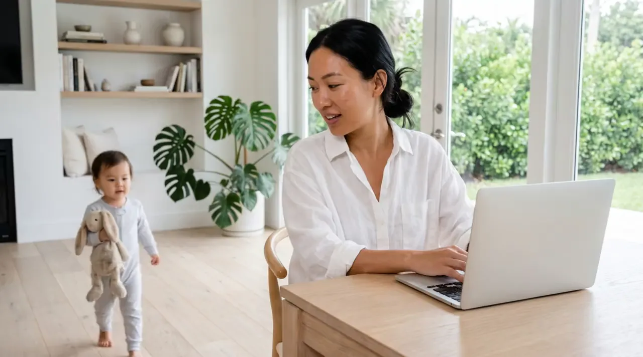 Someone working at a laptop at a kitchen table while a toddler walks past