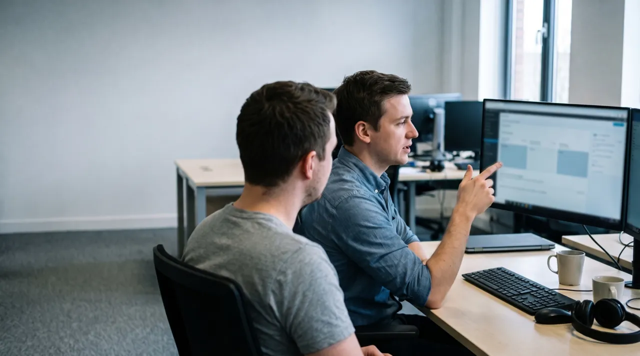 Two engineers at a shared desk, one pointing at a monitor while the other follows