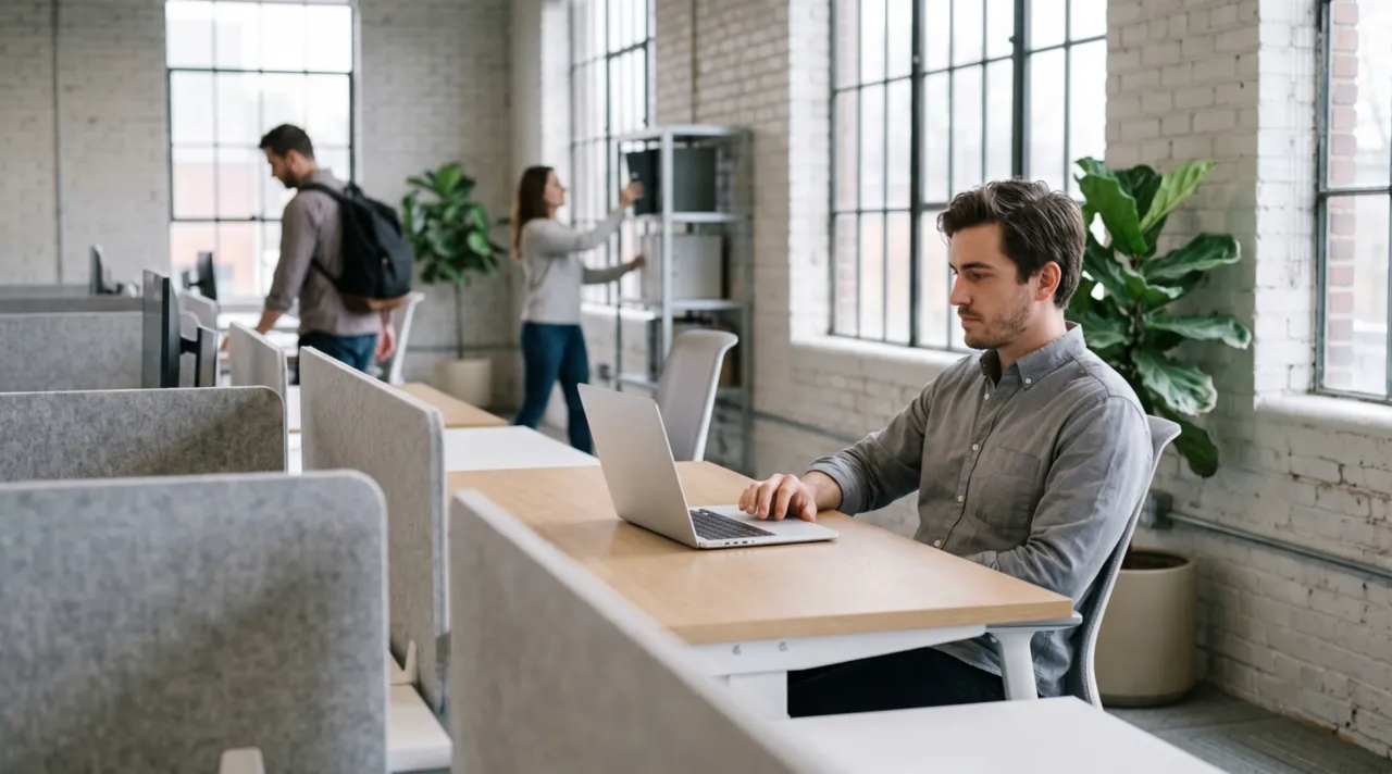 A salesperson working at a laptop in an open-plan office