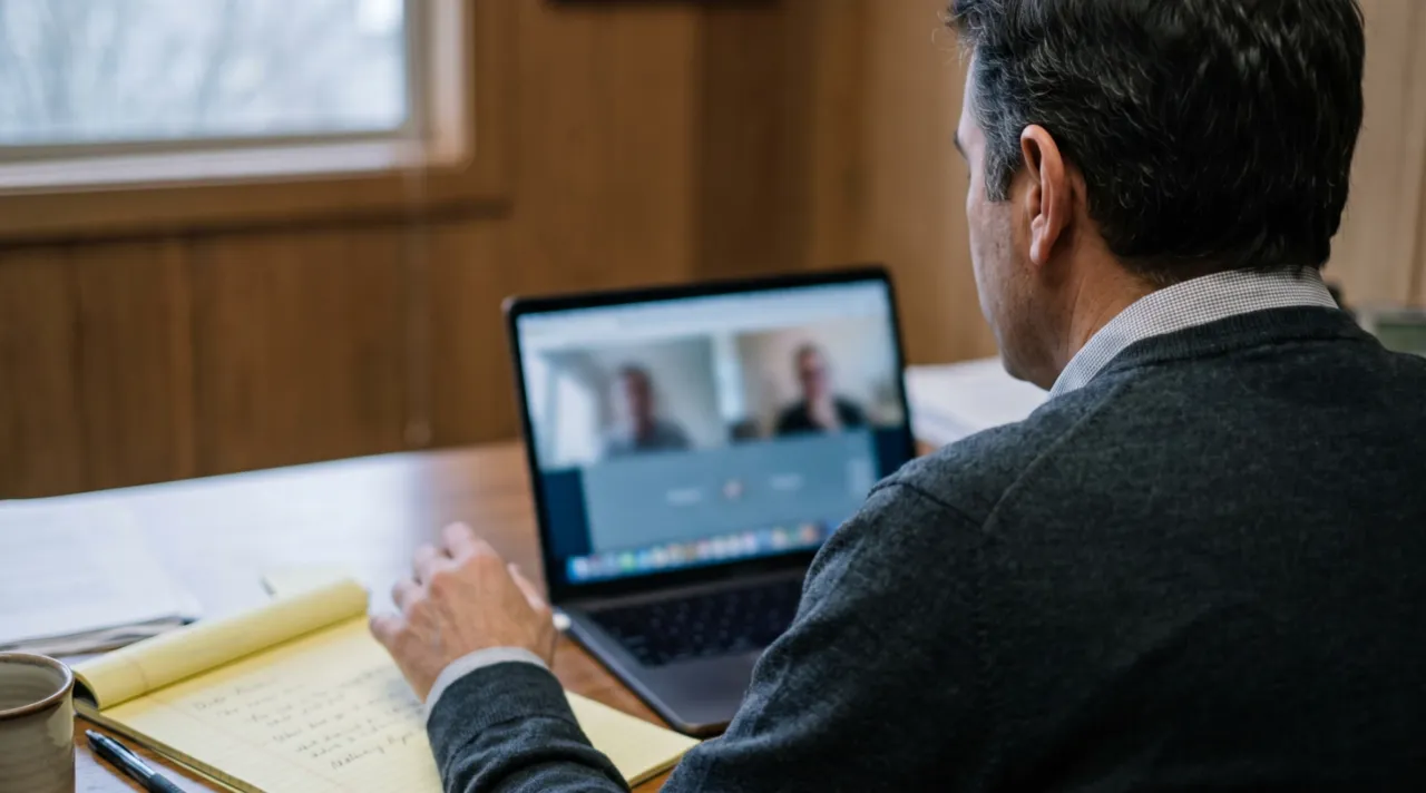 An investor taking notes on a legal pad during a video call with two founders
