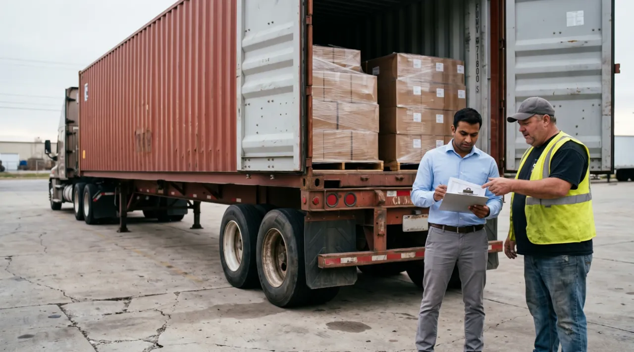Two colleagues checking paperwork against a shipping container at a loading dock